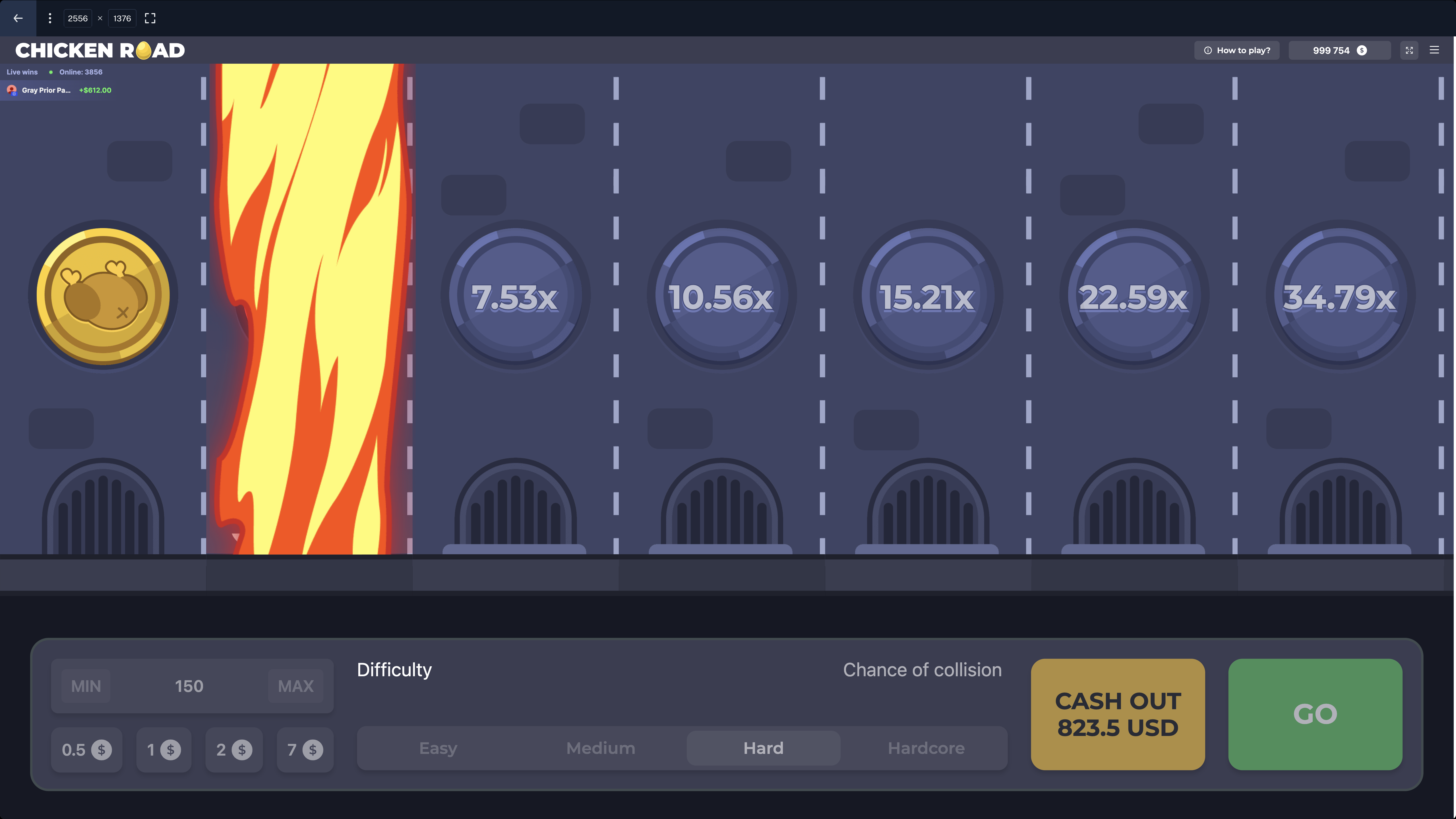 Screenshot della versione ufficiale di Chicken Road con interfaccia iNOUT Games e livelli di difficoltà disponibili